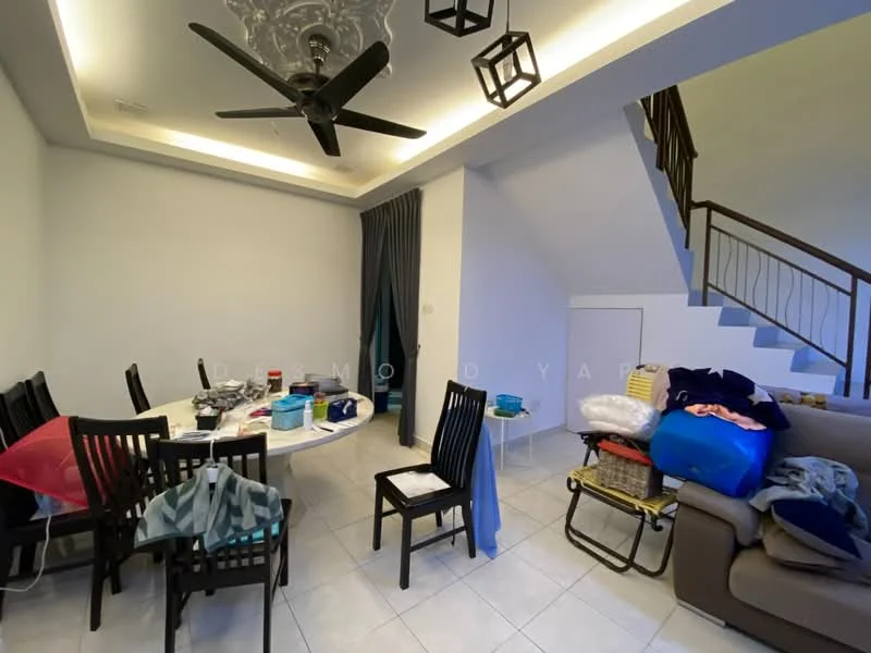 Living features: white painted walls, tray ceiling with recessed lighting, 5-blade ceiling fan, white ceramic tile flooring, sofa, dining table with chairs, staircase, curtains, decorative light fixtures, various storage boxes, laundry basket; style: modern.