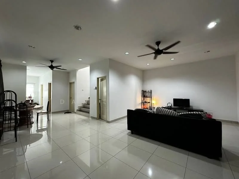 Living features: white painted walls, glossy ceramic tile flooring, 5-blade ceiling fan with light, sofa in black, striped throw pillows, TV console, wall-mounted TV, decorative shelving unit, recessed LED downlights; style: modern. Dining features: wooden dining table, 4 dining chairs, open layout to living area; style: modern.