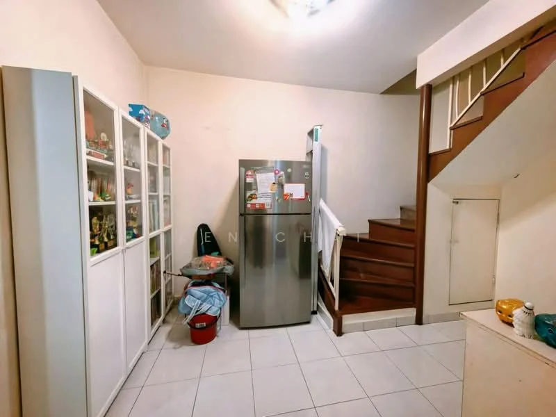 Room features: white painted walls, tile flooring, stainless-steel fridge, wooden staircase, built-in cupboard, open shelving unit, plastic bin, staircase with wooden railing; style: modern.