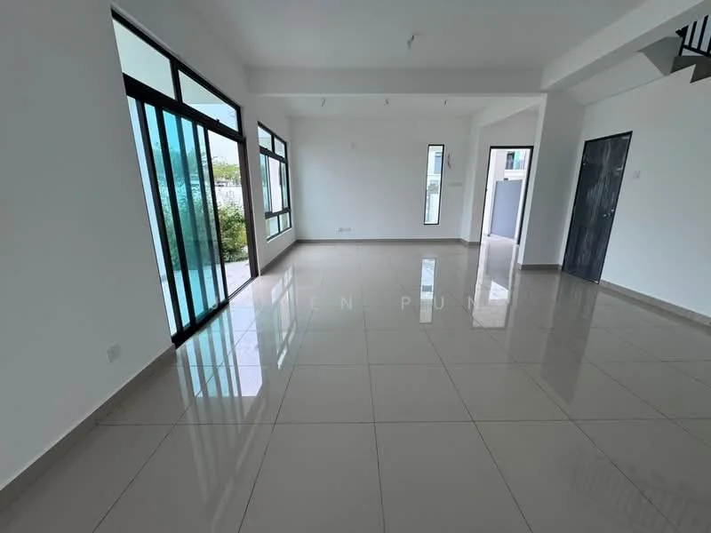 Room features: white painted walls, glossy ceramic tile flooring, large floor-to-ceiling windows, sliding glass door, natural light, open layout, high ceiling, minimalist design; style: modern; view: garden.