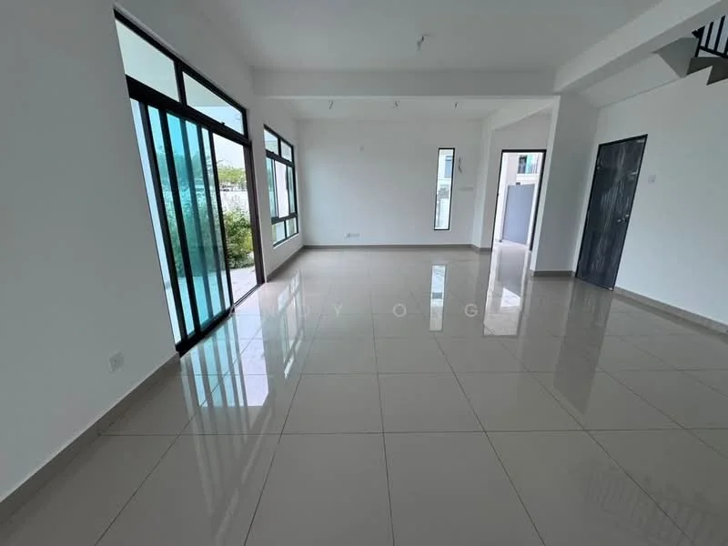Room features: white painted walls, glossy ceramic tile flooring, large floor-to-ceiling windows, sliding glass door, high ceiling, natural light, open layout, neutral color scheme; style: modern; view: garden.