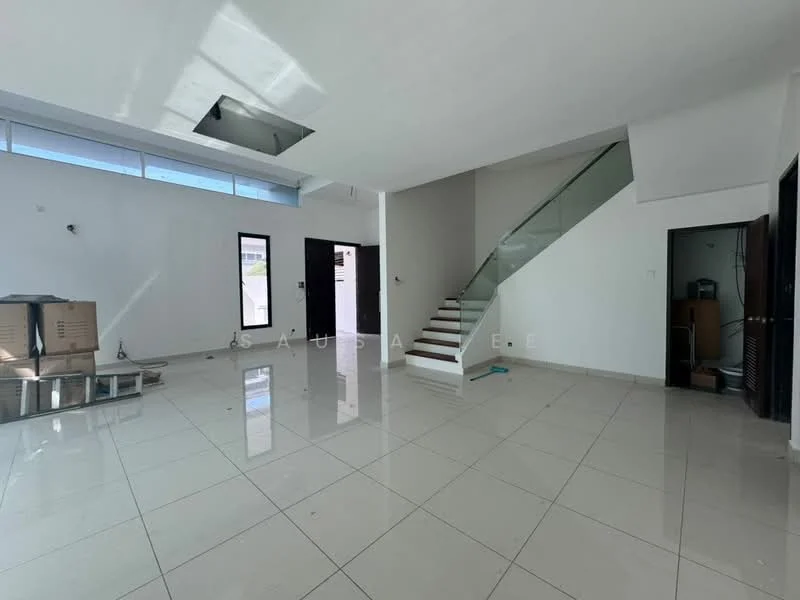 Living features: white painted walls, glossy tile flooring, large windows, staircase with glass railing, ceiling with recessed lighting, open layout, no visible furniture, neutral color scheme; style: modern. Room features: white painted walls, glossy tile flooring, large windows, staircase with glass railing, ceiling with recessed lighting, open layout, no visible furniture, neutral color scheme.