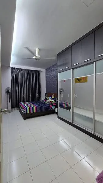 Bedroom features: queen-size bed with colorful striped bedding, built-in wardrobe with sliding glass doors, white tiled flooring, black curtains, ceiling fan, two standing fans, decorative wall with patterned wallpaper, wall-mounted artwork; style: modern.