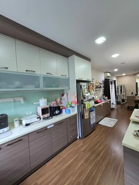 Kitchen features: laminate cabinetry in brown and cream, white countertop, stainless-steel fridge, built-in oven, microwave, single-bowl stainless-steel sink, chrome pull-down faucet, glass upper cabinets, wooden flooring, wall-mounted shelves, decorative items on countertops, kitchen rug; style: modern.