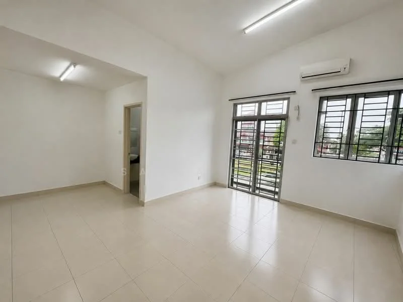 Room features: white painted walls, tile flooring, large windows, window treatments, air conditioning unit, ceiling lights, neutral color scheme; style: modern; view: garden.