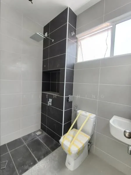 Bathroom features: grey ceramic tile flooring, white painted walls, black accent wall, walk-in shower with rain shower head, toilet with yellow safety tape, small wall-mounted sink, window for natural light, shower niche, chrome shower faucet; style: modern.