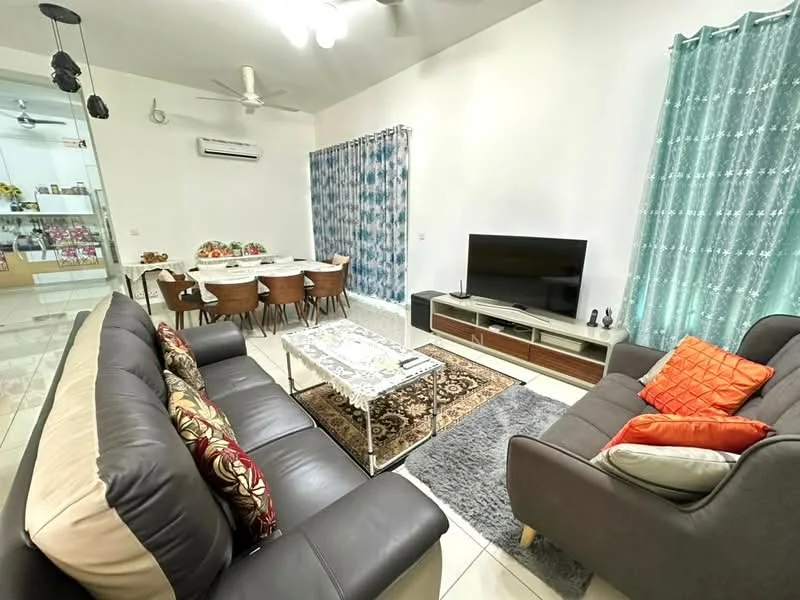 Living features: 3-seater fabric sofa in grey, 2-seater fabric sofa in light grey, decorative cushions in orange and patterned fabric, coffee table with glass top, area rug with geometric pattern, wall-mounted TV, TV console with storage, ceiling fan, white painted walls, floor-to-ceiling windows with sheer curtains, light blue curtains, dining area visible in background with wooden dining table and chairs; style: modern.