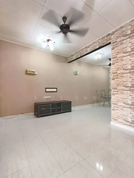 Living features: white tiled flooring, cream painted walls, feature stone accent wall, 5-blade ceiling fan with light, wall-mounted air conditioning unit, recessed downlights, glass dining table, black TV console; style: modern.