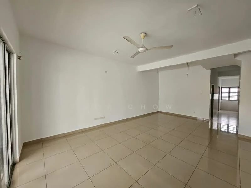 Living features: white painted walls, glossy ceramic tile flooring, 5-blade ceiling fan, floor-to-ceiling sliding glass door, natural light from windows, neutral color scheme, open layout, no visible furniture; style: modern.
