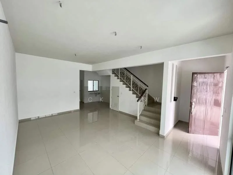 Living features: white painted walls, polished ceramic tile flooring, recessed downlights, staircase with railing, large window for natural light, open layout, neutral color scheme, doorway leading to another room; style: modern. Room features: white painted walls, polished ceramic tile flooring, large window, doorway leading to staircase.