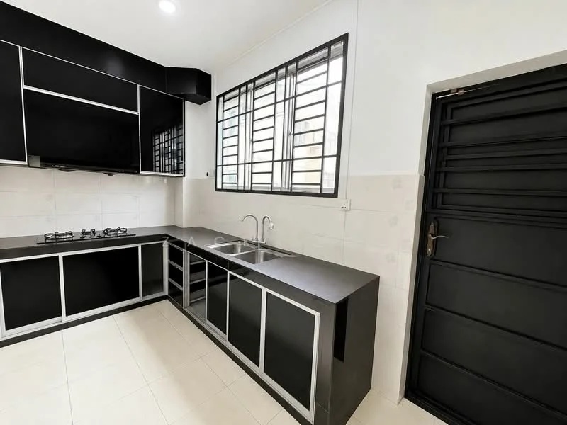 Kitchen features: black laminate cabinetry, stainless-steel sink, chrome pull-down faucet, granite countertop, 4-burner gas hob, exhaust hood, white tiled backsplash, floor-to-ceiling windows, light-colored tile flooring, black metal door; style: modern.