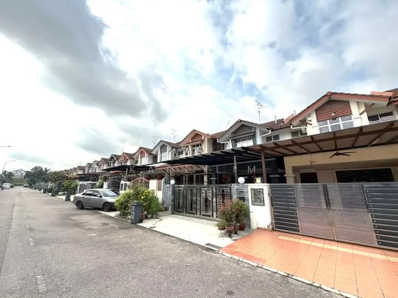Exterior type: linked terrace house; features: two-storey linked terrace houses, red tiled roof, white painted facade, covered car porch, manicured front garden with potted plants, driveway with interlocking pavers, street view with parked cars, security gate at entrance, visible balconies on upper floors, outdoor ceiling fan on porch; style: modern.