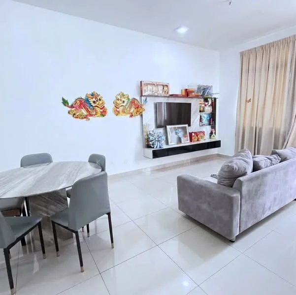 Living features: grey fabric sofa, 4-seater dining table with marble top, grey upholstered dining chairs, wall-mounted TV, black TV console, decorative wall art with lion motifs, curtains, white painted walls, glossy tile flooring, recessed ceiling lights; style: modern.