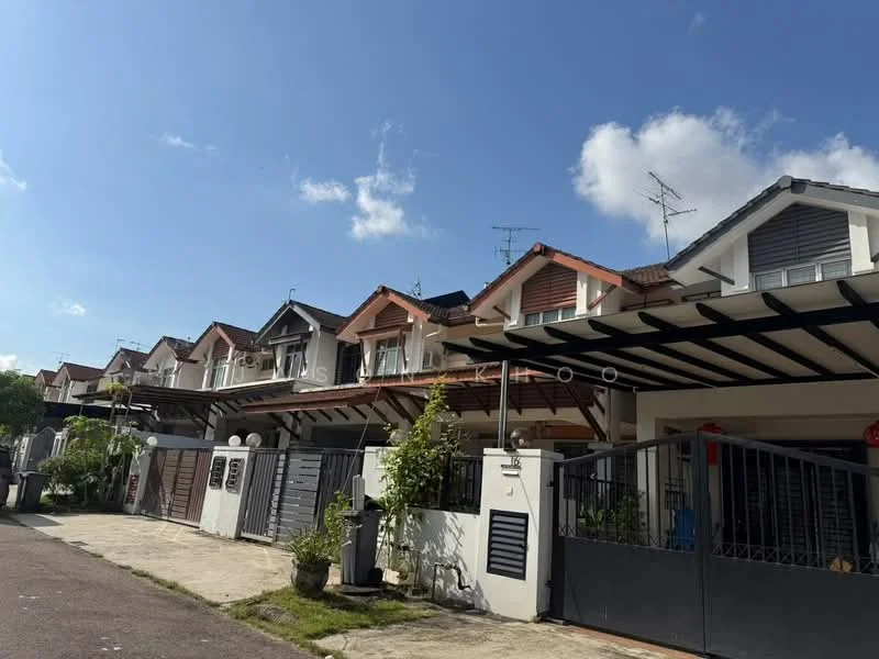 Exterior type: linked terrace house; features: two-storey linked terrace houses, red tiled pitched roofs, white painted facade, black wrought iron gates, driveway with interlocking pavers, manicured front gardens, visible antennas on rooftops, covered porch area, sidewalk with concrete paving, blue chairs visible in the porch area; style: modern.