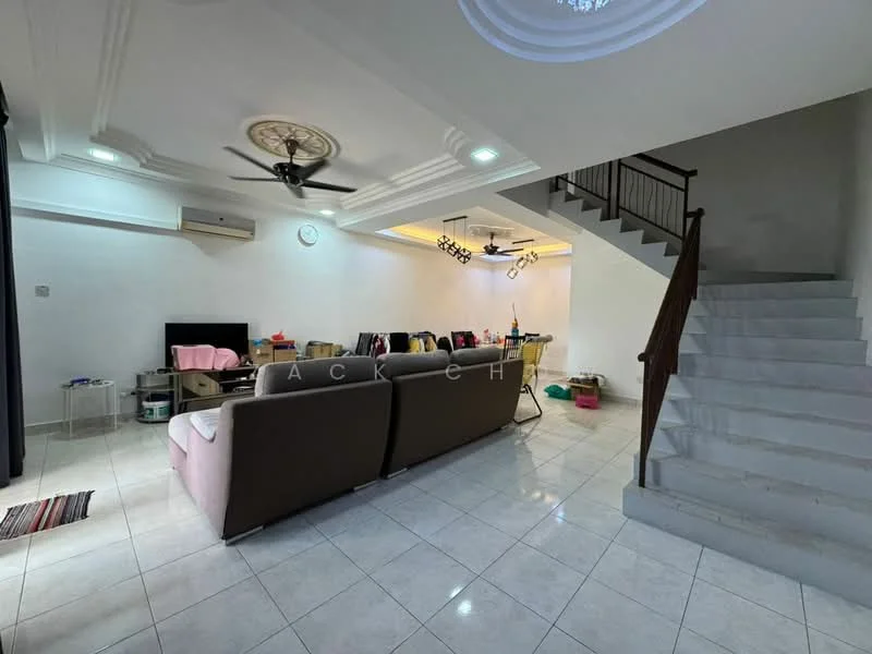 Living features: white painted walls, polished tile flooring, 5-blade ceiling fan with light, recessed downlights, sofa in beige, coffee table, TV console, wall-mounted TV, area rug, staircase with metal railing, air conditioning unit; style: modern.