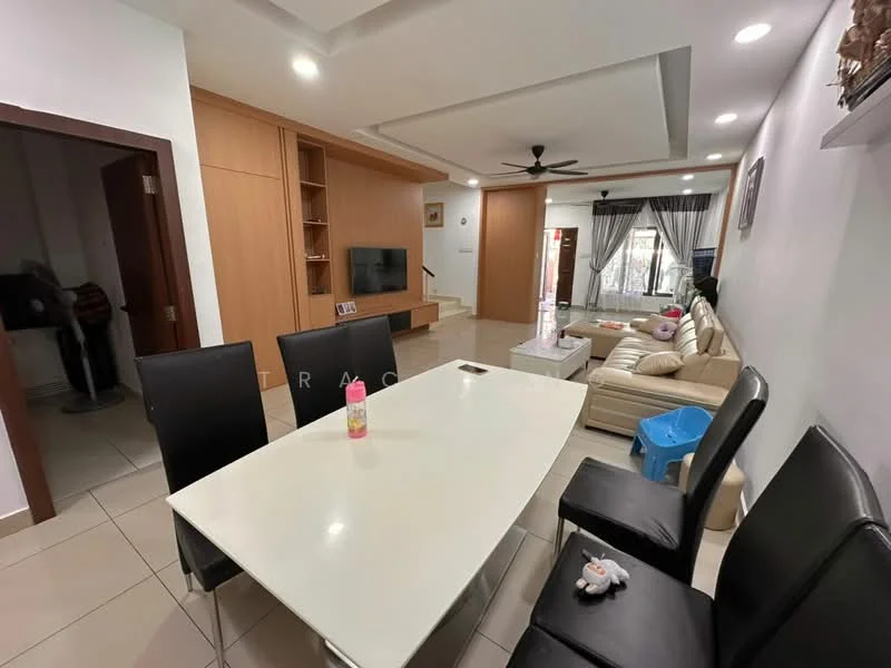 Living features: cream painted walls, white ceiling with recessed lighting, 5-blade ceiling fan with light, large sliding glass door, brown leather sofa, coffee table, TV console, wall-mounted TV, area rug, decorative wall shelf, curtains, tile flooring; style: modern; view: garden. Dining features: white dining table, black dining chairs, decorative centerpiece, tile flooring; style: modern.