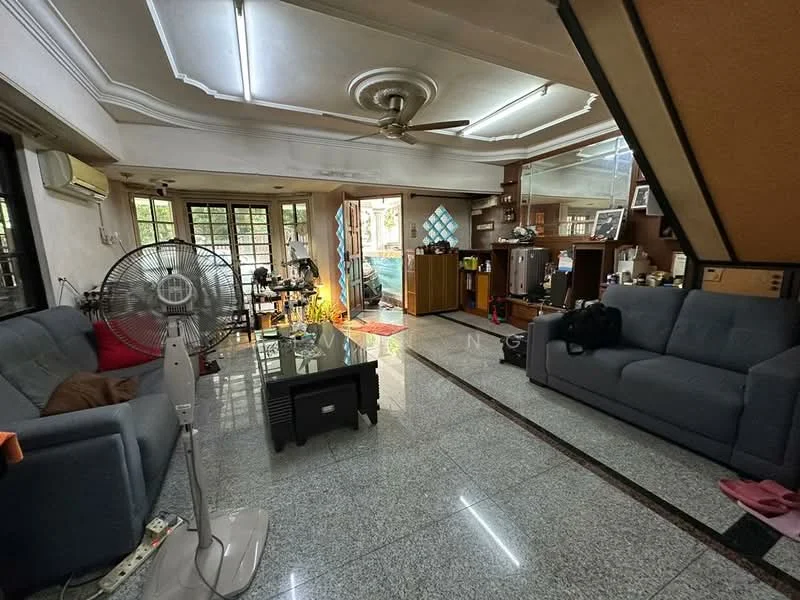 Living features: grey fabric 3-seater sofa, grey fabric 2-seater sofa, glass coffee table, ceiling fan with light, marble flooring, white painted walls with crown moulding, large windows with sheer curtains, decorative wall unit, wall-mounted air conditioning unit, area rug, floor lamp; style: contemporary.