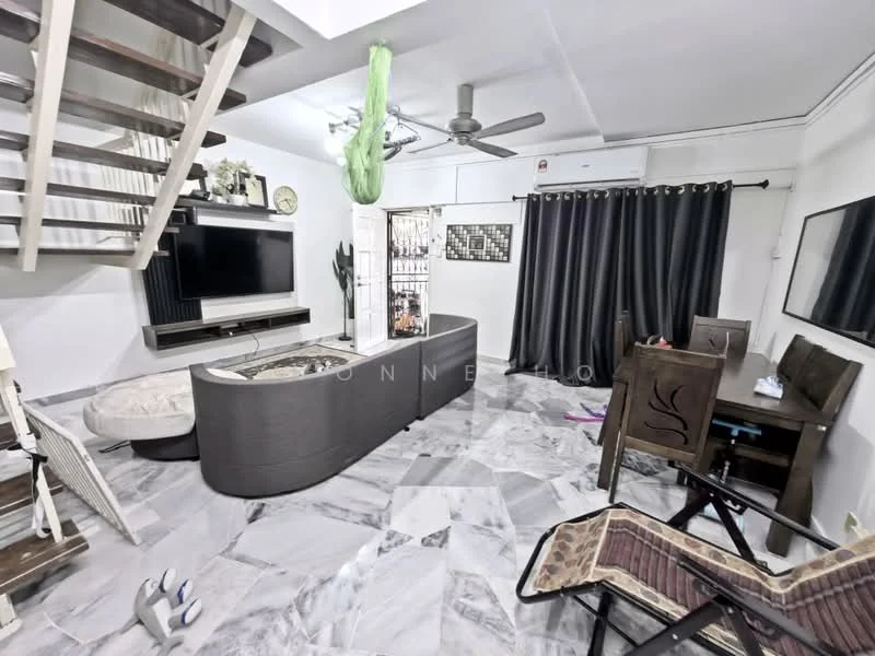 Living features: marble flooring, white painted walls, ceiling fan, wall-mounted TV, blackout curtains, sofa, coffee table, dining table with chairs, decorative wall shelf, staircase, indoor plant, decorative clock; style: modern.