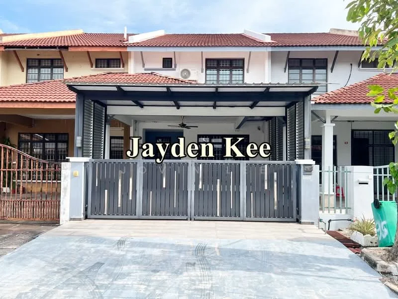 Exterior type: linked terrace house; features: grey painted facade, red tiled roof, metal gate, paved driveway, front porch with roof, two-storey structure, surrounded by greenery; style: modern.