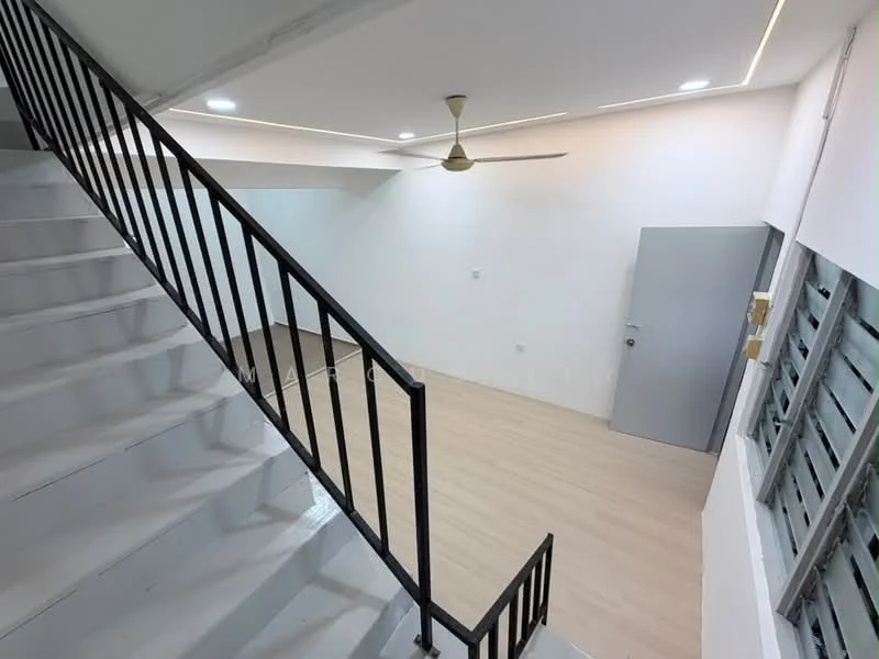 Room features: white painted walls, light wood flooring, 5-blade ceiling fan with light, staircase with black metal railing, recessed LED downlights, large window with horizontal slats, door with handle, open space layout; style: modern.