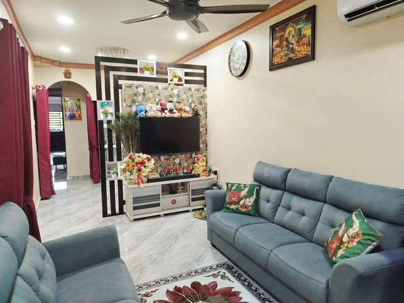 Living features: 2-seater fabric sofa in blue, 3-seater fabric sofa in blue, decorative cushions with floral pattern, wall-mounted TV, TV console with storage, decorative wall with stone cladding, framed artwork on wall, ceiling fan with light, marble tile flooring, wall clock, red curtains, decorative plants, area rug with floral pattern; style: modern.