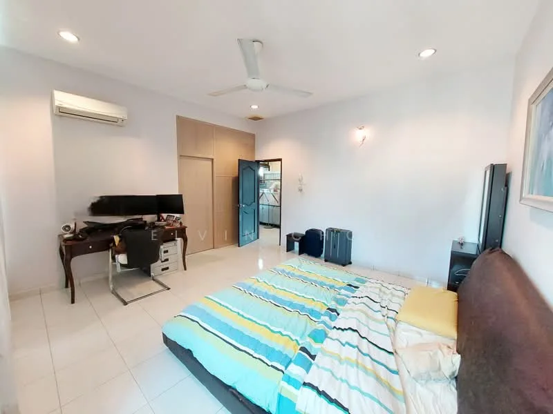 Bedroom features: king-size bed with striped bedding, 2 bedside tables, wall-mounted TV, desk with computer monitor, 1 wall-mounted split AC, white painted walls, white tiled flooring, ceiling fan, large window with view, built-in wardrobe, 2 suitcases; style: modern.
