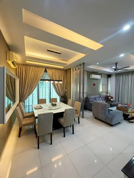 Dining features: 6-seater dining table, upholstered dining chairs, pendant light above table, decorative mirror, floor-to-ceiling windows with sheer curtains, recessed ceiling lights, cream painted walls, tile flooring; style: modern. Living features: 3-seater fabric sofa in grey, coffee table, TV console, wall-mounted TV, ceiling fan, recessed downlights, cream painted walls, tile flooring; style: modern.
