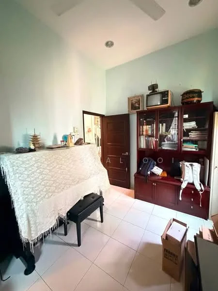 Room features: light blue painted walls, white tiled flooring, ceiling fan, wooden door, built-in wooden cabinet, bookshelves, decorative items on shelves, black stool, cardboard boxes.