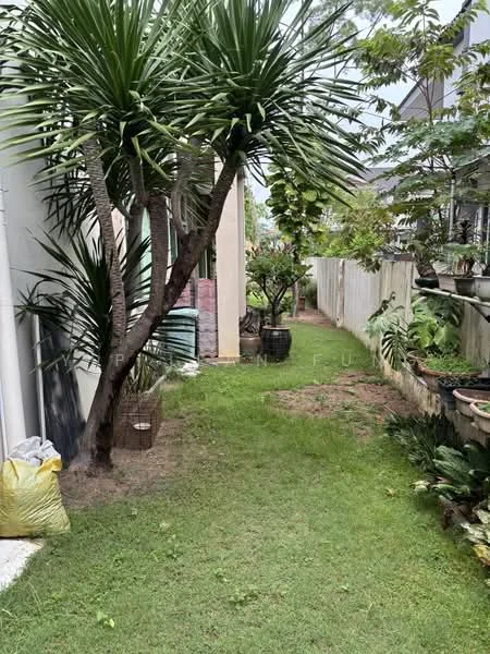 Exterior features: manicured lawn, tropical landscaping, palm trees, flowering plants, stone-paved walkway, fenced garden area; style: tropical-modern.