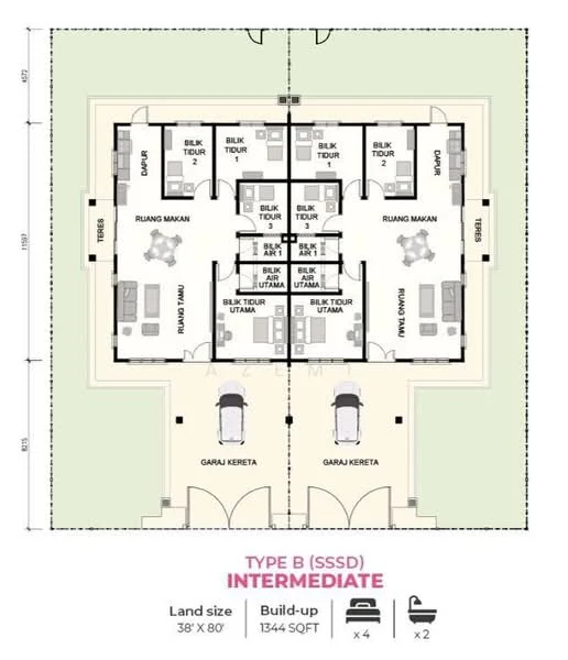 Floor plan: 4-bedroom 3-bathroom unit; features: open-plan kitchen-dining-living, master bedroom with ensuite bathroom, utility room, 2 car porch, balcony off living room, central foyer, all bedrooms with windows, yard area, straight corridor, private terrace, 2 bathrooms shared by other bedrooms, dining area adjacent to kitchen.