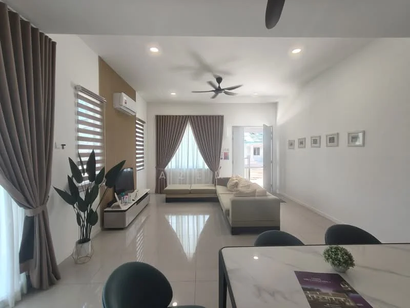 Living features: 3-seater fabric sofa in beige, floor-to-ceiling windows with sheer curtains, 5-blade ceiling fan with light, wall-mounted TV, TV console, decorative wall art, white painted walls, glossy tile flooring, indoor plant, dining table with green chairs; style: modern.