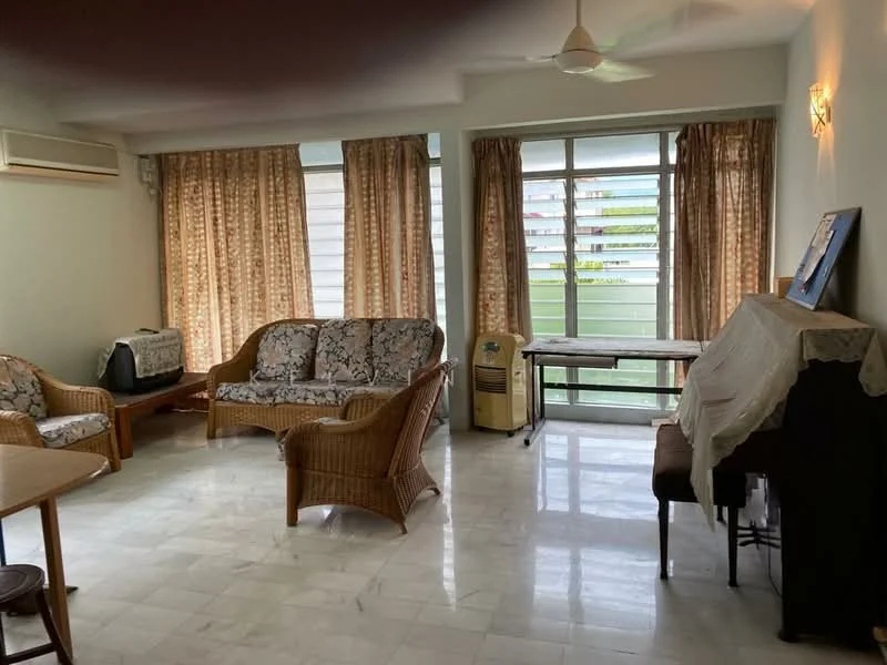 Living features: marble flooring, cream painted walls, 5-blade ceiling fan, floor-to-ceiling windows, sheer curtains, 2-seater rattan sofa with floral pattern, 3-seater rattan sofa with floral pattern, wooden dining table, wooden side table, piano, air conditioning unit; style: contemporary; view: garden.