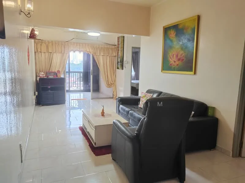 Living features: black leather sofa, white coffee table, cream painted walls, glossy tile flooring, recessed ceiling lights, curtains in beige, decorative wall art with lotus flowers, open balcony access, TV console, area rug in red; style: modern; view: city.