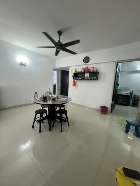 Dining features: round dining table, 4 black wooden chairs, white walls, recessed downlights, 5-blade ceiling fan, tile flooring, wall-mounted shelf, decorative wall clock, open layout to living area; style: modern.
