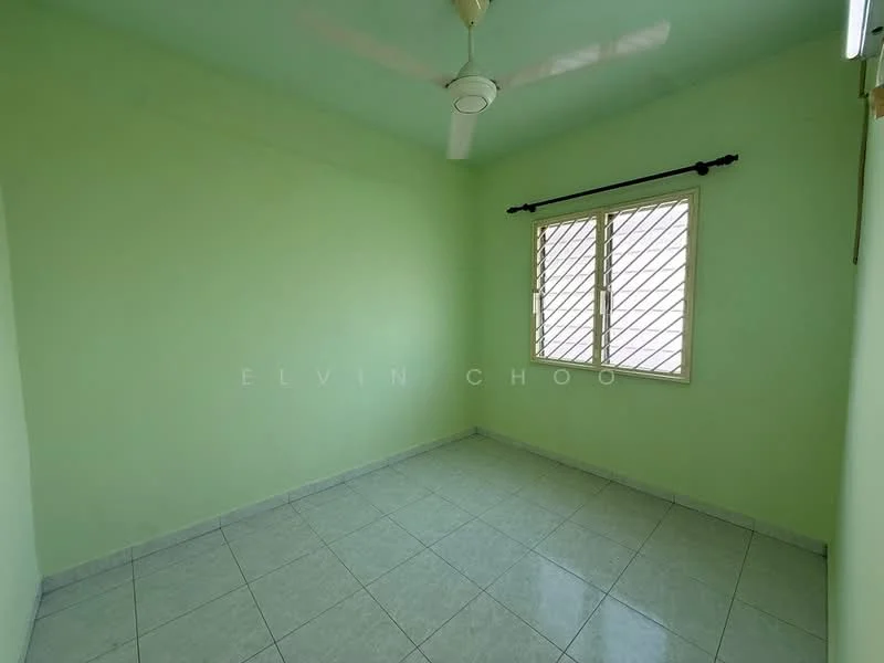 Room features: light green painted walls, white ceiling, white window with metal grille, ceramic tile flooring, ceiling fan, natural light from window.