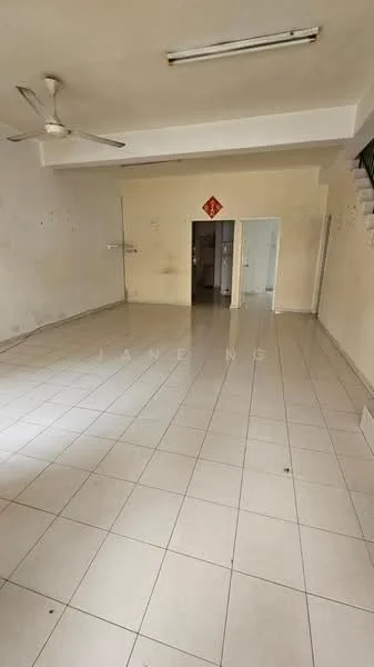 Room features: white painted walls, tile flooring, ceiling fan, recessed lighting, open layout, doorway leading to another room, staircase visible in background, no visible furniture; style: minimalist.