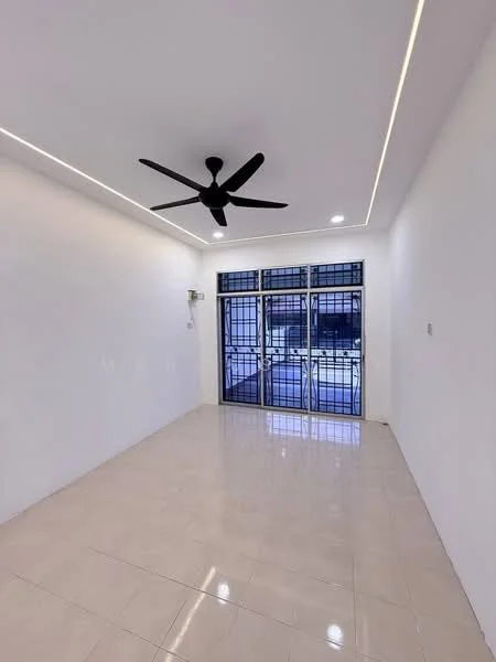 Living features: white painted walls, glossy ceramic tile flooring, 5-blade ceiling fan with light, recessed LED downlights, floor-to-ceiling windows, sliding glass door, black metal grille, natural light from windows; style: modern.