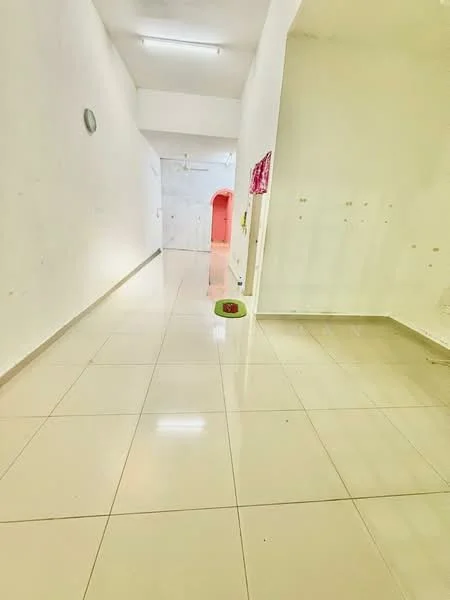 Hallway features: white painted walls, glossy ceramic tile flooring, recessed ceiling lights, single wall clock, open layout, neutral color scheme; style: modern.