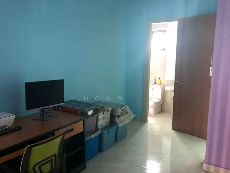 Room features: blue painted walls, glossy tile flooring, desk with computer monitor, printer, plastic storage bins, wooden door, visible bathroom with toilet, window, natural light.