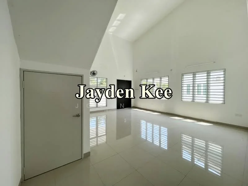 Room features: white painted walls, high ceiling, large windows with horizontal slats, glossy ceramic tile flooring, ceiling fan, air conditioning unit, natural light from windows, corner door; style: modern.