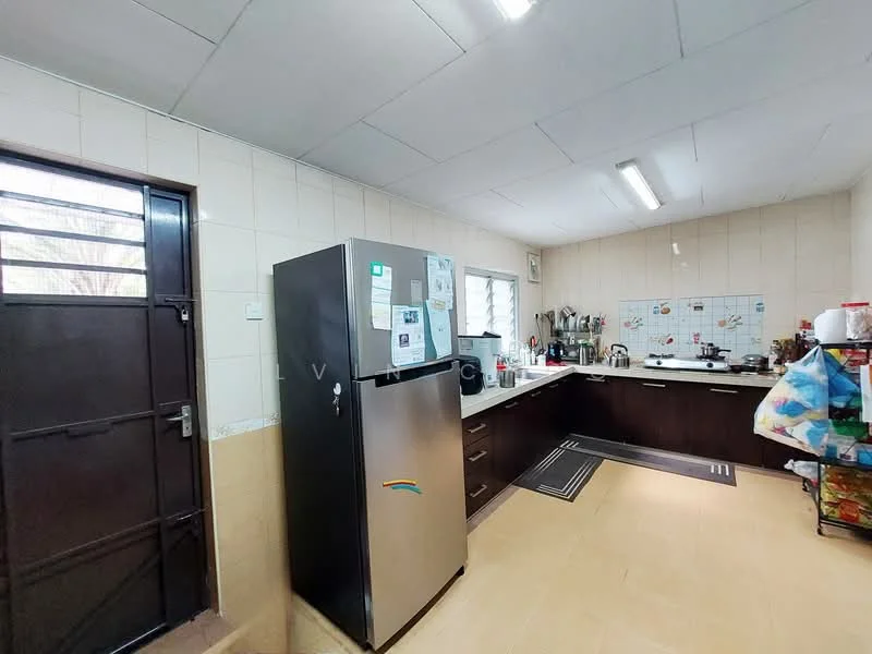Kitchen features: stainless-steel fridge, wood cabinetry, ceramic tile flooring, white tiled walls, countertop with sink, built-in stove, kitchen utensils on countertop, window for natural light, door leading outside, recessed lighting; style: modern.