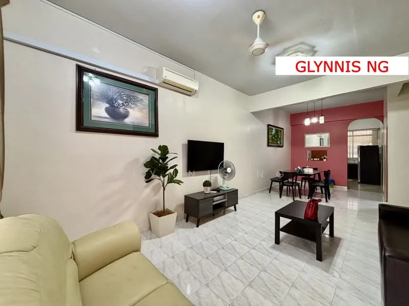 Living features: cream painted walls, white tiled flooring, 5-blade ceiling fan with light, wall-mounted TV, black TV console, green potted plant, sofa in beige, coffee table in black, decorative artwork on wall, dining area visible in background, open layout to kitchen, window with sheer curtains; style: modern.