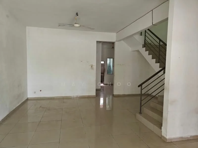 Room features: white painted walls, ceramic tile flooring, ceiling fan, staircase with metal railing, large windows, open layout, neutral color scheme.