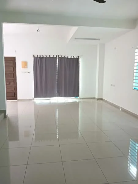 Living features: white painted walls, glossy ceramic tile flooring, ceiling fan, curtains in grey, sliding windows with horizontal blinds, door with wooden finish, recessed ceiling, natural light from windows; style: modern.