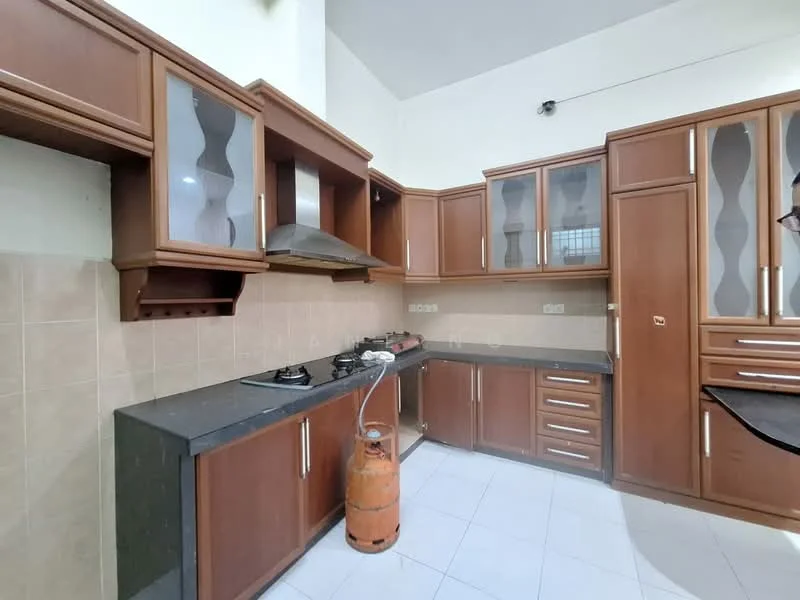 Kitchen features: brown wooden cabinetry, black granite countertop, built-in gas stove with two burners, stainless-steel range hood, gas cylinder, white tiled flooring, cream tiled backsplash, glass-front upper cabinets, under-cabinet lighting; style: modern.