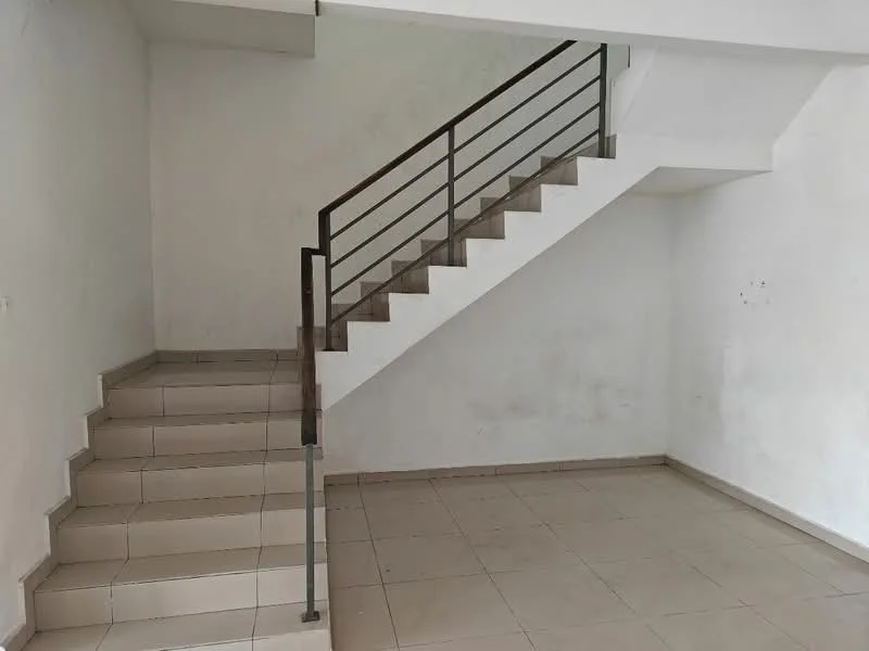 Room features: staircase with metal railing, white painted walls, tile flooring, light-colored tiles, open space, natural light from windows, minimalist design; style: modern.