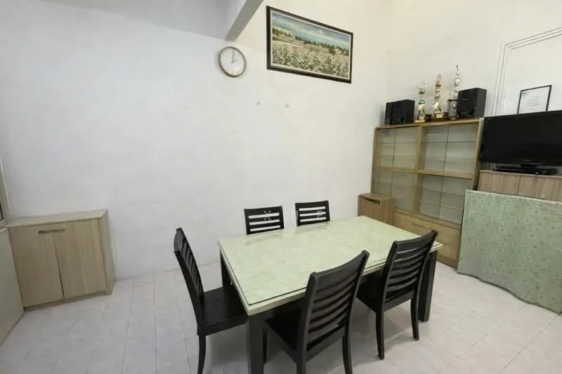 Dining features: rectangular dining table with light green tabletop, 6 black wooden dining chairs, light-colored wooden sideboard, glass-front display cabinet, wall-mounted clock, framed landscape artwork, trophies on display, light-colored walls, tile flooring; style: minimalist.