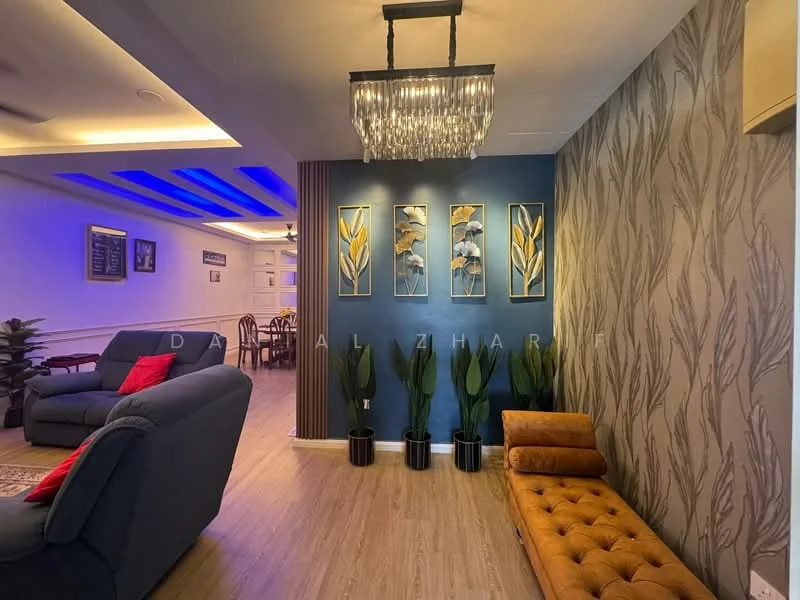 Living features: grey fabric sofa, red accent cushions, wooden coffee table, decorative wall art, chandelier with crystals, blue LED ceiling lights, wooden flooring, wall-mounted air conditioning unit, feature wall with floral wallpaper, green potted plants, tan upholstered bench; style: modern.