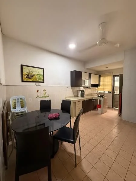 Kitchen features: dark wood cabinetry, cream laminate upper cabinets, black glass dining table, four black dining chairs, stainless-steel fridge, built-in oven, ceramic tile flooring, recessed downlights, window with blinds, kitchen countertop, wall-mounted ceiling fan; style: modern.