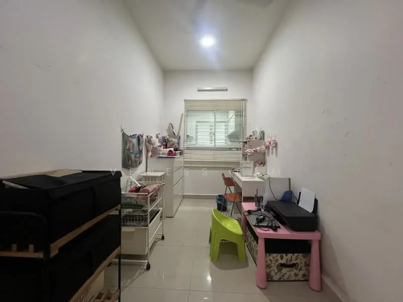 Room features: white painted walls, tile flooring, recessed ceiling lights, window with blinds, desk with printer, small pink table, green plastic chair, storage cart, black storage bins, decorative items on shelves; style: modern.